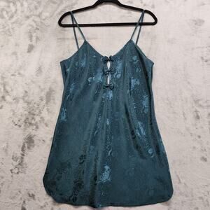 Vintage‎ California Dynasty Chemise Size M Green Floral Brocade Bow Cutout Slip